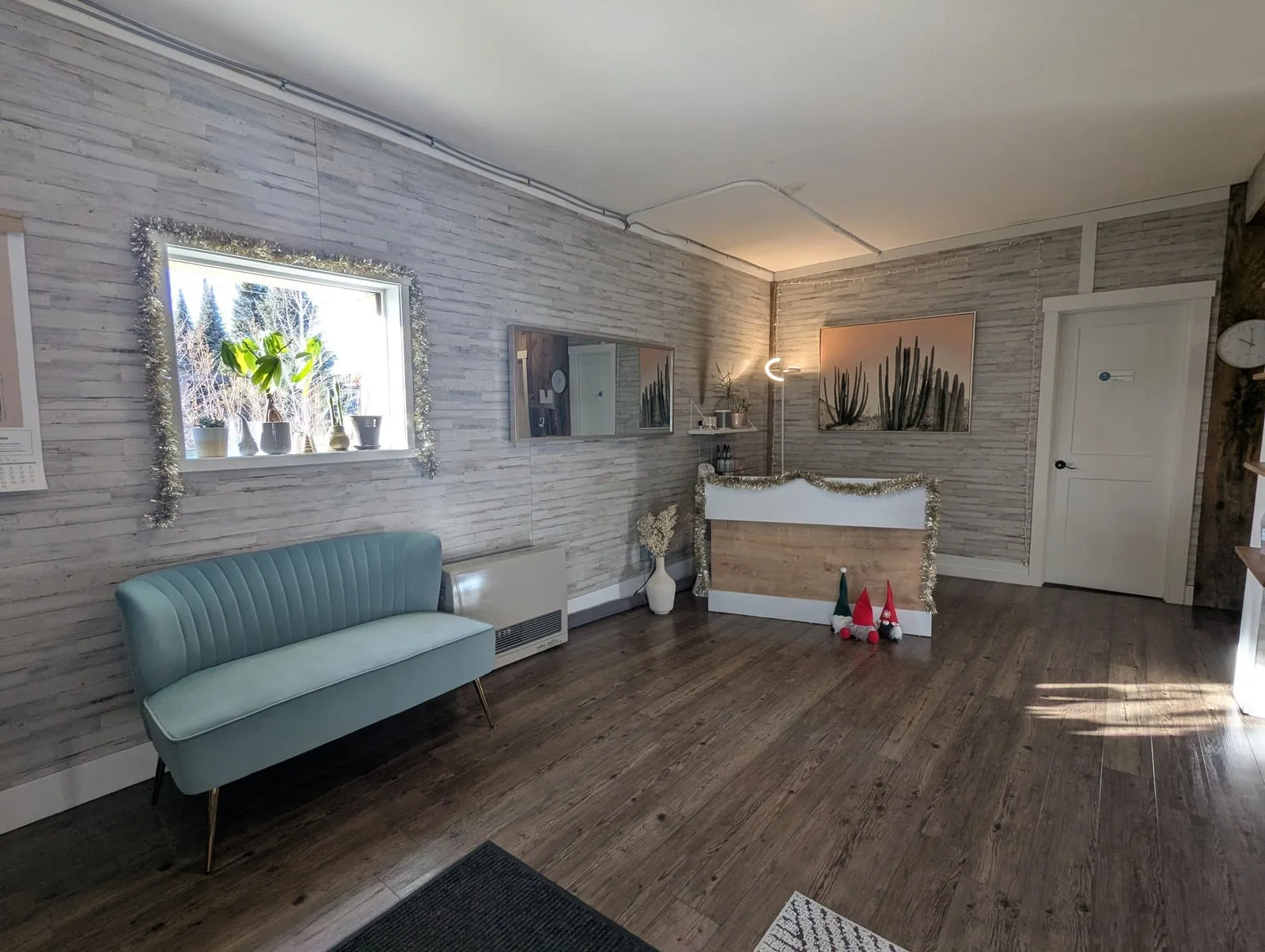 Reception and waiting area at Mana Acupuncture in Granby — calm space with a teal velvet couch, plants, and cactus artwork